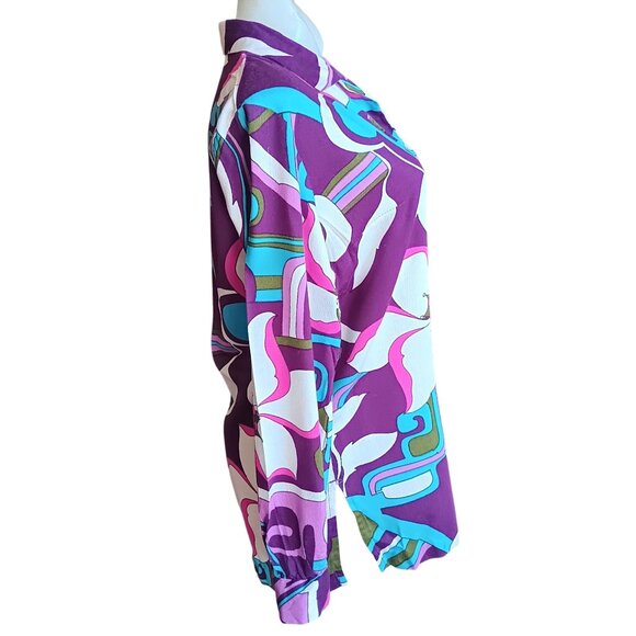 Large Vintage 70s Psychedelic Print Blouse Abstract Floral Groovy Granny Hippie - Picture 6 of 9